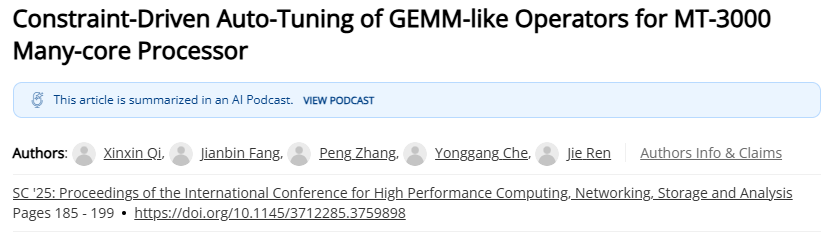 论文分享：Constraint-Driven Auto-Tuning of GEMM-like Operators for MT-3000 Many-core Processor